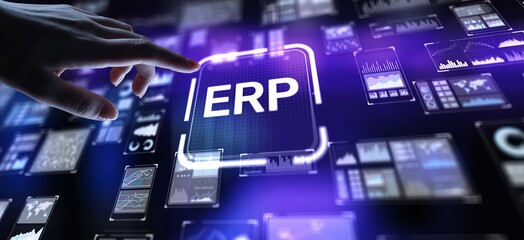 ERP Enterprise Resource Planning Integrating Business Functions for Operational Efficiency, projection on a virtual screen, Business and Technology Concept.