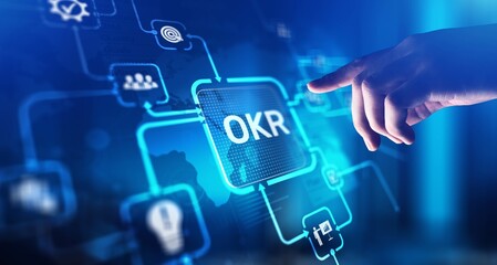 OKR Objectives and Key Results for Performance Management, projection on a virtual screen, Business and Technology Concept.
