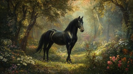 A majestic black unicorn with a long, flowing mane and tail strides gracefully through a sunlit forest