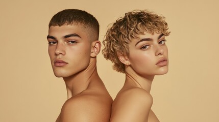 A young man and woman stand back-to-back against a warm beige background.