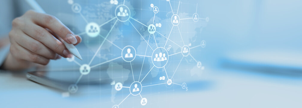 Global Business Networking and Communication Visualized on a Futuristic Digital Interface.