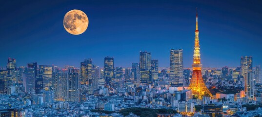 Fototapeta premium Tokyo Skyline at Night with Full Moon