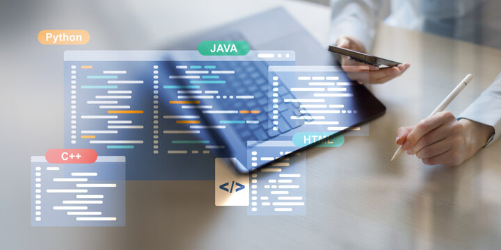 Software Development and Programming Languages Displayed on a Virtual Coding Interface.