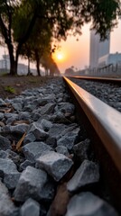 Fototapeta premium Sunrise on train tracks through trees
