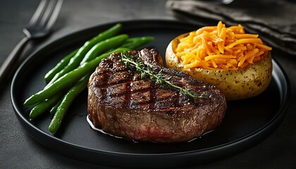 A plate of steak with green beans, baked potatoes with cheese, and herbs, set in a dining scene with a carrot, a glass, and a salt shaker in the background.