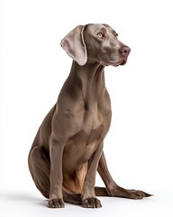 Weimaraner sits alertly with a sleek silver-gray coat and deep chest. The striking amber eyes create a captivating, ghost-like appearance in a well-lit setting