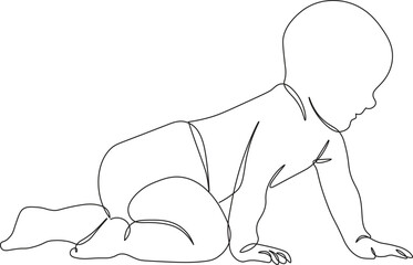 Baby crawling in continuous line drawing style. Sketch of cute baby in minimalist black linear isolated on white background. Vector illustration
