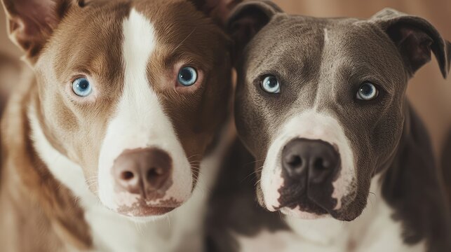 A husky with bright blue eyes and a pitbull posing together with a peace sign.