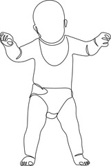 Baby first step in continuous line drawing style. Sketch of cute baby in minimalist black linear isolated on white background. Vector illustration