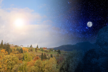 Mountain landscape by day and night. Time change