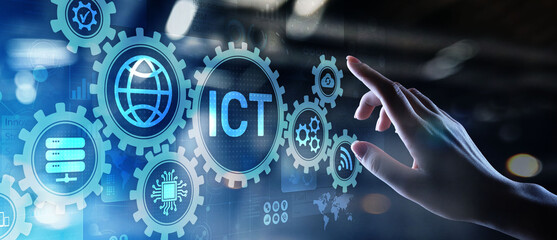 ICT - Information and communication technology concept on virtual screen.