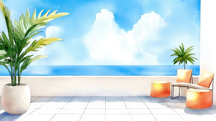 Obraz premium Watercolor illustration of glowing rooftop lounge with minimal decor, ocean view, palm, and bright sky