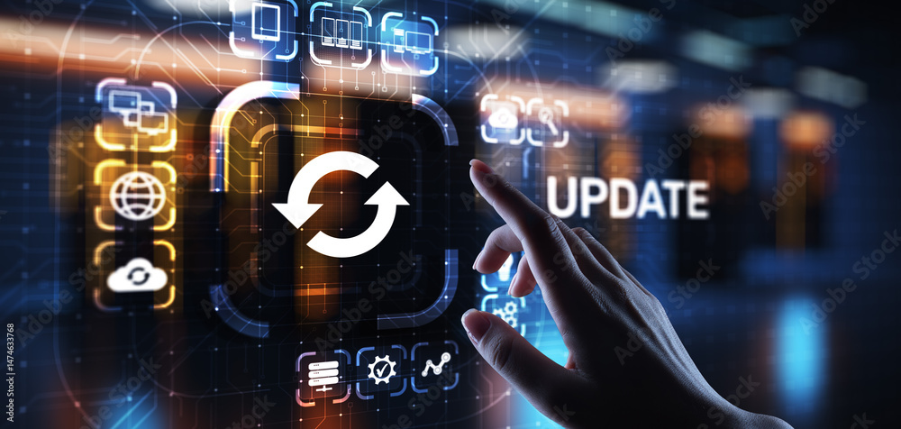 Poster update system upgrade software version technology concept on virtual screen.