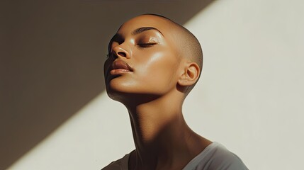 A young person with a shaved head poses sideways, wearing a simple white sleeveless shirt.
