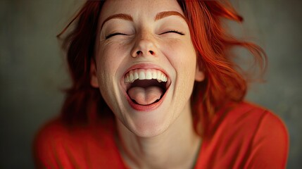 A young woman with long, wavy auburn hair smiles broadly while winking playfully.