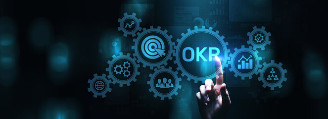 OKR Objective key result business finance concept on screen.