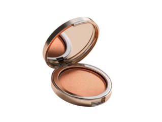 Makeup compact on white isolated background, showing an open powder case with mirror.