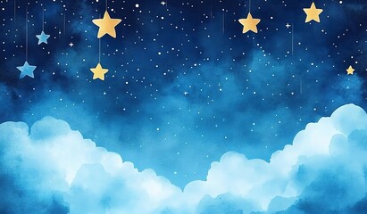 Fototapeta premium A watercolor painting of a night sky with twinkling stars, gradient blue-white clouds, and silhouetted trees over water.