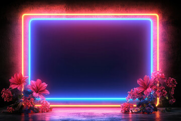 Bright neon frame with flowers in dark space