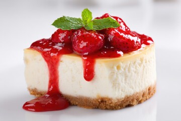 Slice of Cheesecake with Strawberries & Mint: Delicious Baked Dessert on White Plate, Gourmet Treat