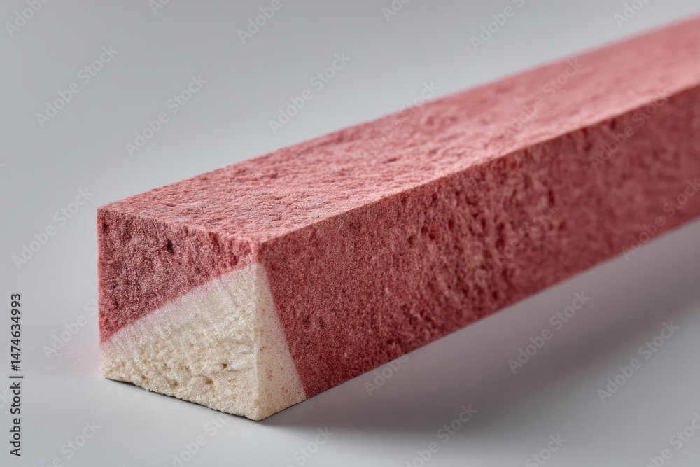 Poster Unique cross-section of a red and white sandstone block displayed at a studio with neutral background in bright light