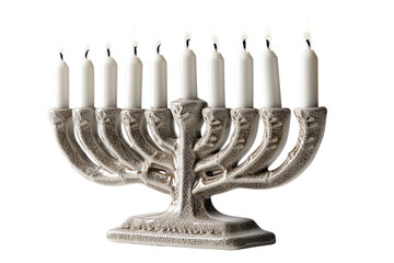 Fototapeta premium Menorah with lit candles on a white isolated background