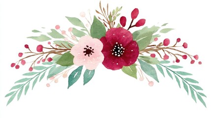 Elegant Watercolor Floral Arrangement with Pink and Red Blooms on White Background