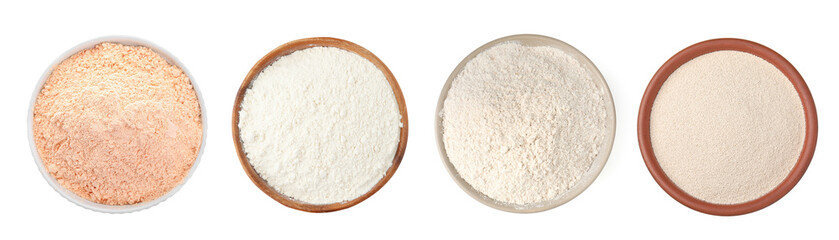 Different types of flour in bowls isolated on white, set. Top view