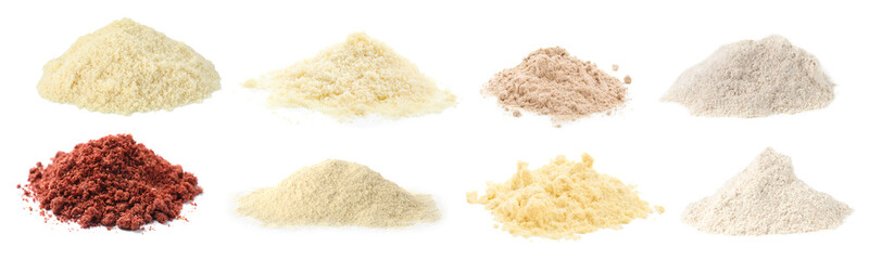 Different types of flour isolated on white, set
