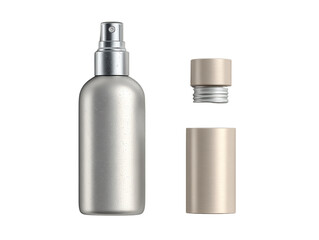 Metal spray bottle and cap, isolated on white background.