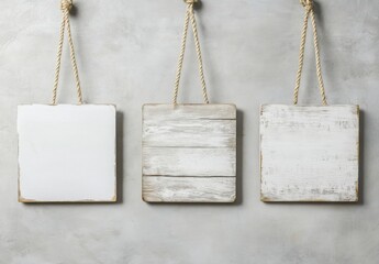 Three Empty White Wooden Hanging Signs on a Gray Background