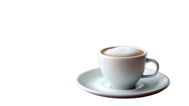 Morning Coffee Serenity: A single cup of coffee with a creamy foam, delicately placed on its saucer, offering a moment of calm and a warm, inviting aroma.