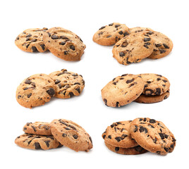 Yummy chocolate chip cookies isolated on white, collage