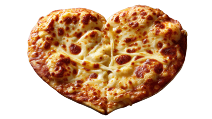 Heart-Shaped Pizza: An inviting, golden-brown heart-shaped pizza, freshly baked with a generous layer of melted cheese, radiating warmth and a delightful sense of indulgence.