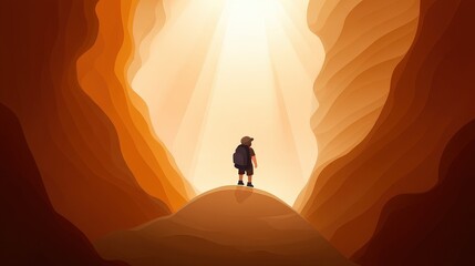 Adventurer Standing at the Entrance of a Beautiful Canyon with Light Streaming Down