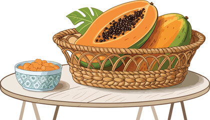 Papaya Illustration vector design, Papaya in basket with slice on table in white background