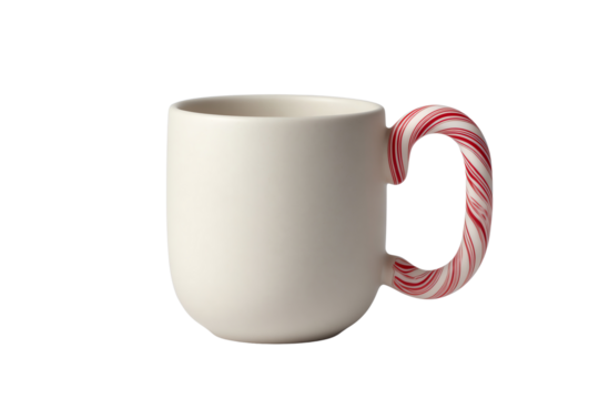 Mug with candy cane handle, white isolated background.