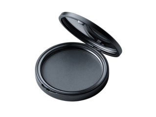 Open black compact powder case on a white background.