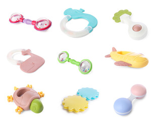 Different baby rattles isolated on white, set
