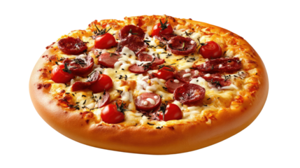 Pizza with pepperoni and tomato: A delicious pizza topped with savory pepperoni and vibrant tomatoes, tantalizingly showcased. 
