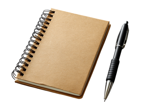 Notebook and pen on white background, ideal for stationery themes.