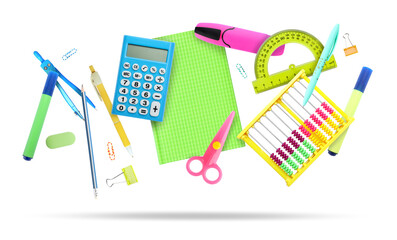 Pens and other different stationery in air on white background
