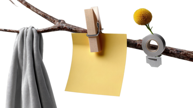 Nature's Note: A simple still life composition on a twig, featuring a clothespin holding a blank yellow sticky note, a gray scarf, and a delicate yellow flower in a minimalist vase.
