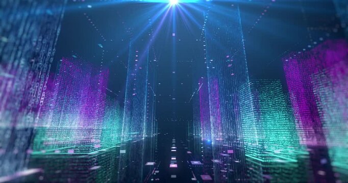 Digital smart city animation with lights and colorful buildings. City ​​of the future concept. I made this video with After Effects, using its 3D animation features. Seamless looping 4k