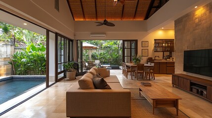 living room with fireplace Brookstone Villa