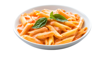 Penne alla Vodka pasta in a pink tomato cream sauce isolated on white background, italian food collection