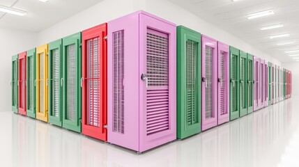 Naklejka premium Colorful Storage Units in Modern Facility with Bright Doors for Organization and Convenience