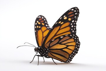 Close-up of a monarch butterfly against a white background.  Vibrant orange and black wings.