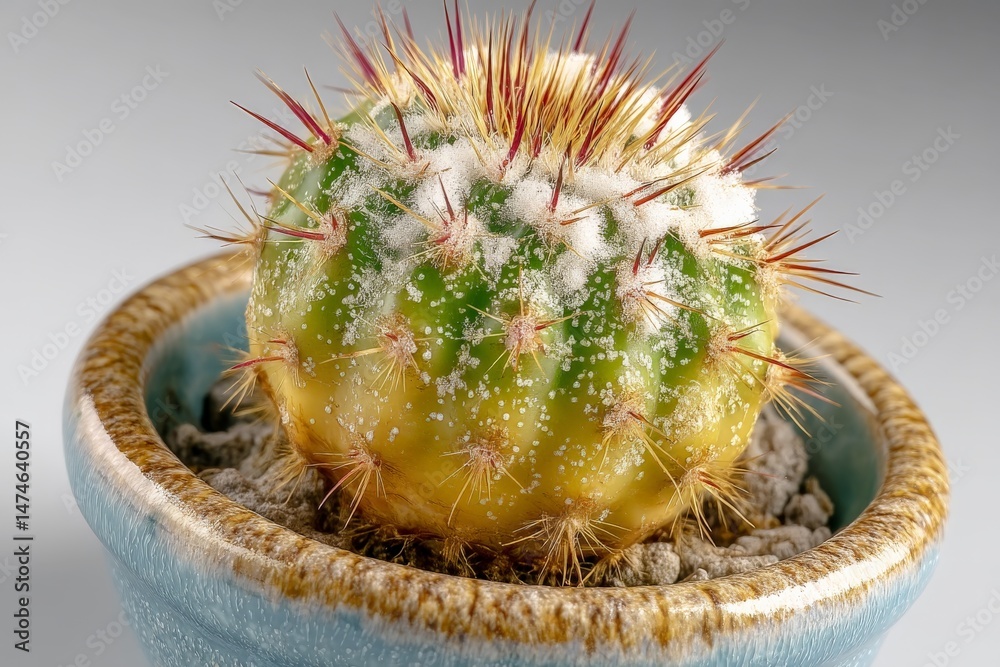 Poster unique cactus in decorative pot with colorful spines and white fuzz captured indoors