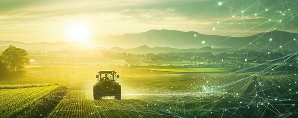 Tractor in Farm Field at Sunrise